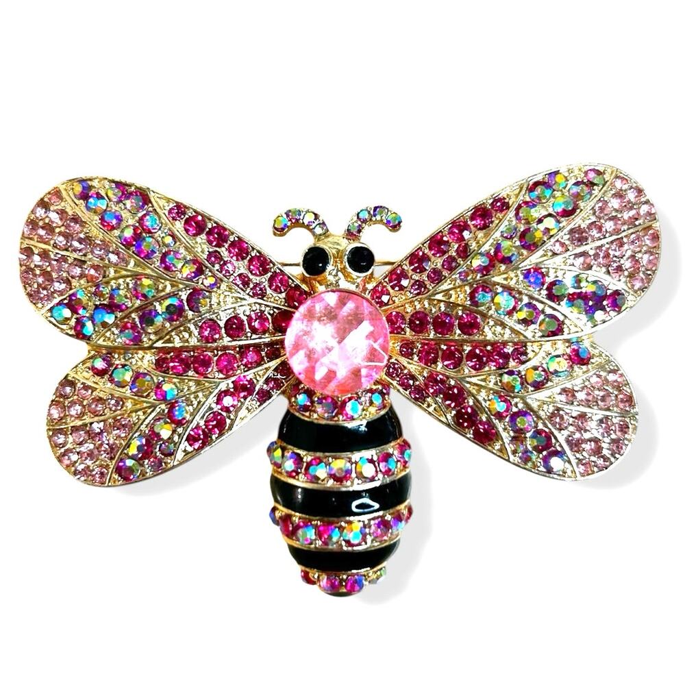 Large Brooch Queen Bee Pink Colorful Sparkly Rhinestones Statement Piece